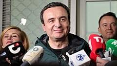 FILE - Albin Kurti, president of the left-wing Vetevendosje! party, makes statements following results of a parliamentary election, in Pristina, 9 February 2025