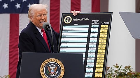 FILE - President Donald Trump speaks during an event to announce new tariffs in the Rose Garden at the White House on April 2, 2025, in Washington