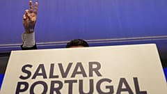 Chega leader Andre Ventura gestures while addressing media and his supporters, following Portugal's general election, in Lisbon, 19 May 2025