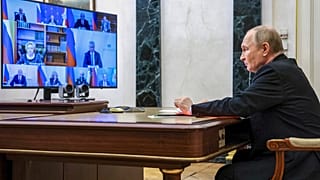 Russian President Vladimir Putin chairs a Security Council meeting by videoconference at the Kremlin in Moscow, Russia,