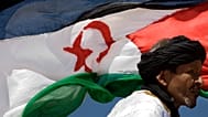  في هذه الصورة الأرشيفية الملتقطة في 19 مايو/أيار 2008، ينظر أحد أنصار جبهة البوليساريو المؤيدة للاستقلال أثناء عرض عسكري إلى علم الصحراء الغربية وهو يرفرف 