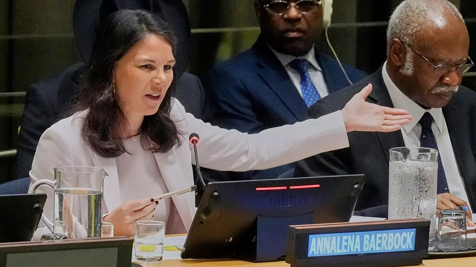 FILE: Former German Foreign Minister Annalena Baerbock delivers her remarks at the United Nations in New York, 15 May 2025