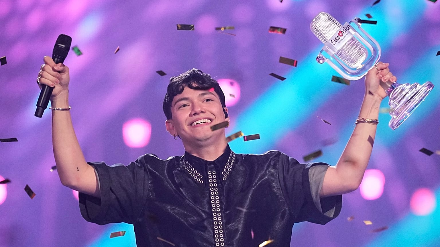 Winner of the Eurovision Song Contest JJ from Austria holds up the trophy, he won with the song "Wasted Love" during the Grand Final of the 69th Eurovision Song Contest