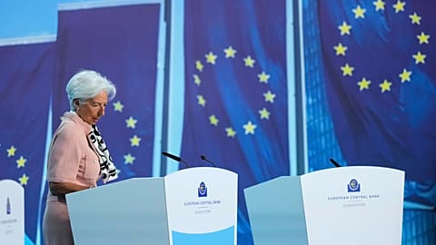 President of European Central Bank, Christine Lagarde, arrives for a press conference after an ECB's governing council meeting in Frankfurt, Germany, Thursday, April 17, 2025.