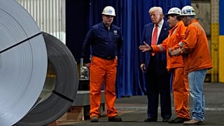 President Donald Trump talks to workers as he tours US Steel Corporation's Mon Valley Works-Irvin plant. 30 May, 2025, in West Mifflin, Pa.