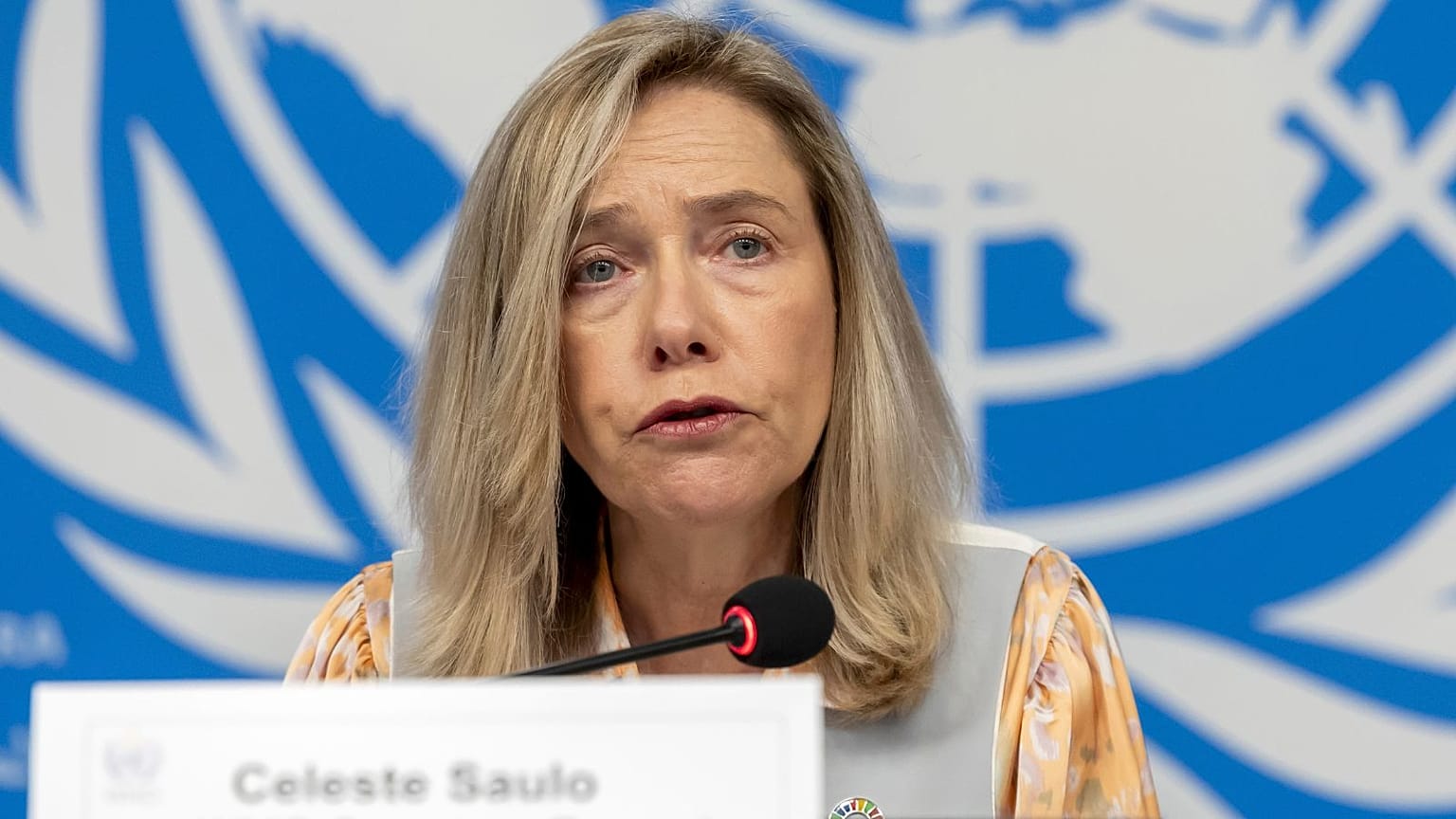 Celeste Saulo, a Meteorológiai Világszervezet (WMO) főtitkára sajtótájékoztatón beszél Genfben.