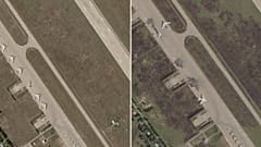Diese Fotokombination aus Satellitenbildern von Planet Labs PBC zeigt von links den Luftwaffenstützpunkt Belaja vor und nach einem Drohnenangriff in der Region Irkutsk in Ostsibirien