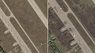 Planet Labs PBC'nin uydu görüntülerinden elde edilen bu fotoğraf kombinasyonu, soldan, Doğu Sibirya'nın Irkutsk bölgesindeki Belaya Hava Üssü'nün insansız hava aracı saldırısından önceki ve sonraki halini gösteriyor