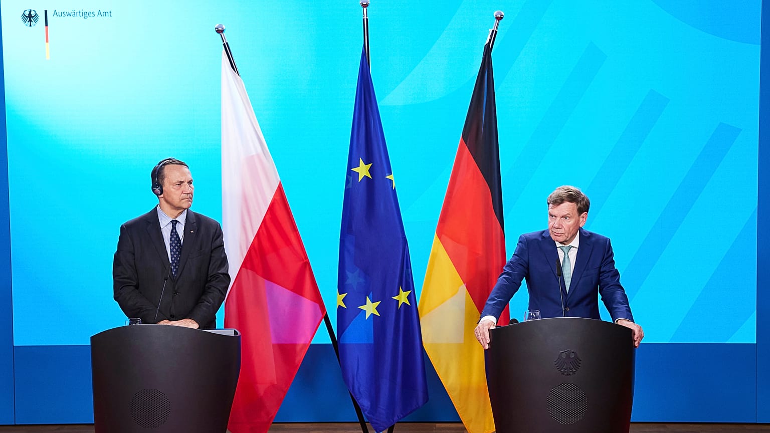 Wadephul, z prawej, i jego polski odpowiednik Sikorski w Federalnym Ministerstwie Spraw Zagranicznych w Berlinie, Niemcy, środa, 4 czerwca 2025 r.