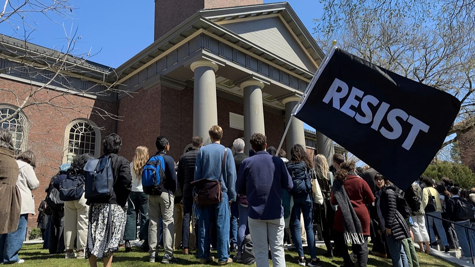 Students, faculty and members of the Harvard University community rally, Thursday, April 17, 2025, in Cambridge, Massachusetts
