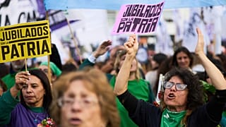 Anti-government demonstrators rally during a weekly protest demanding better pensions for retirees, in Buenos Aires, Argentina, Wednesday, June 4, 2025.