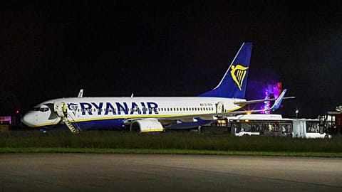A Ryanair passenger jet stands on the apron at Memmingen Airport, southern Germany, Wednesday, June 4, 2025, as the plane made an emergency landing due to the turbulence.