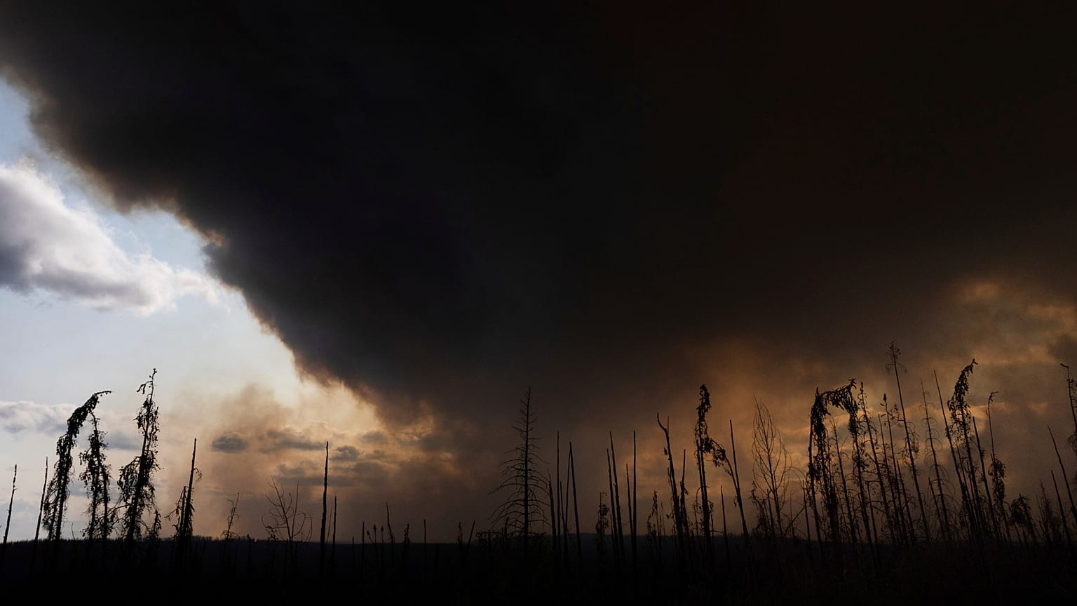 Wildfire smoke hangs in the air above Highway 97 north of Buckinghorse River, British Columbia