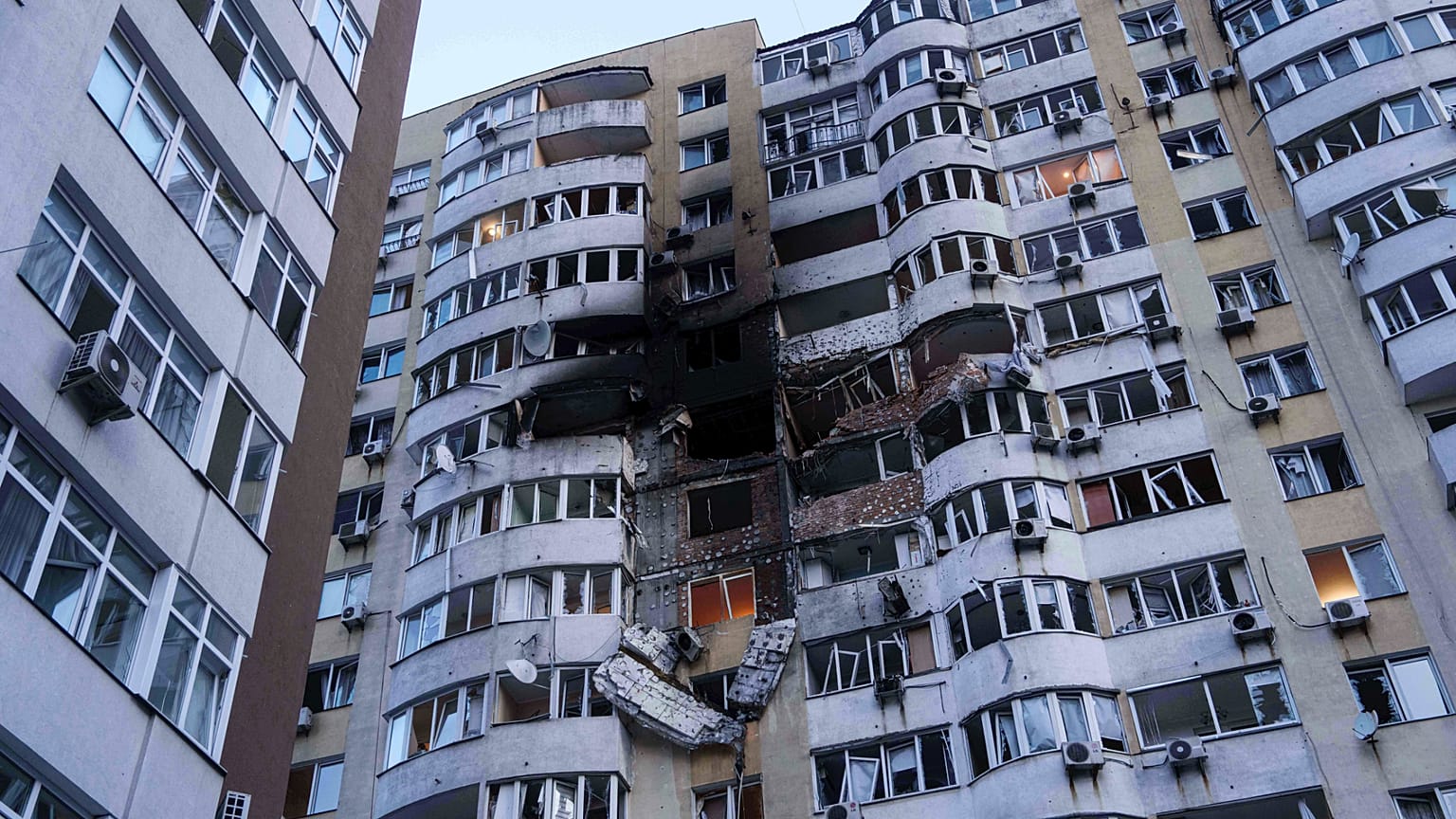 A residential multi-storey building is seen damaged after a Russian drone strike on Kyiv, Ukraine, on Friday, June 6, 2025.