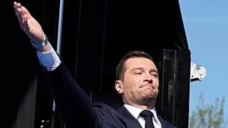 FILE: The president of France's National Rally (RN) Jordan Bardella arrives at the French far-right party National Rally in support of Marine Le Pen in Paris, 4 April 2025