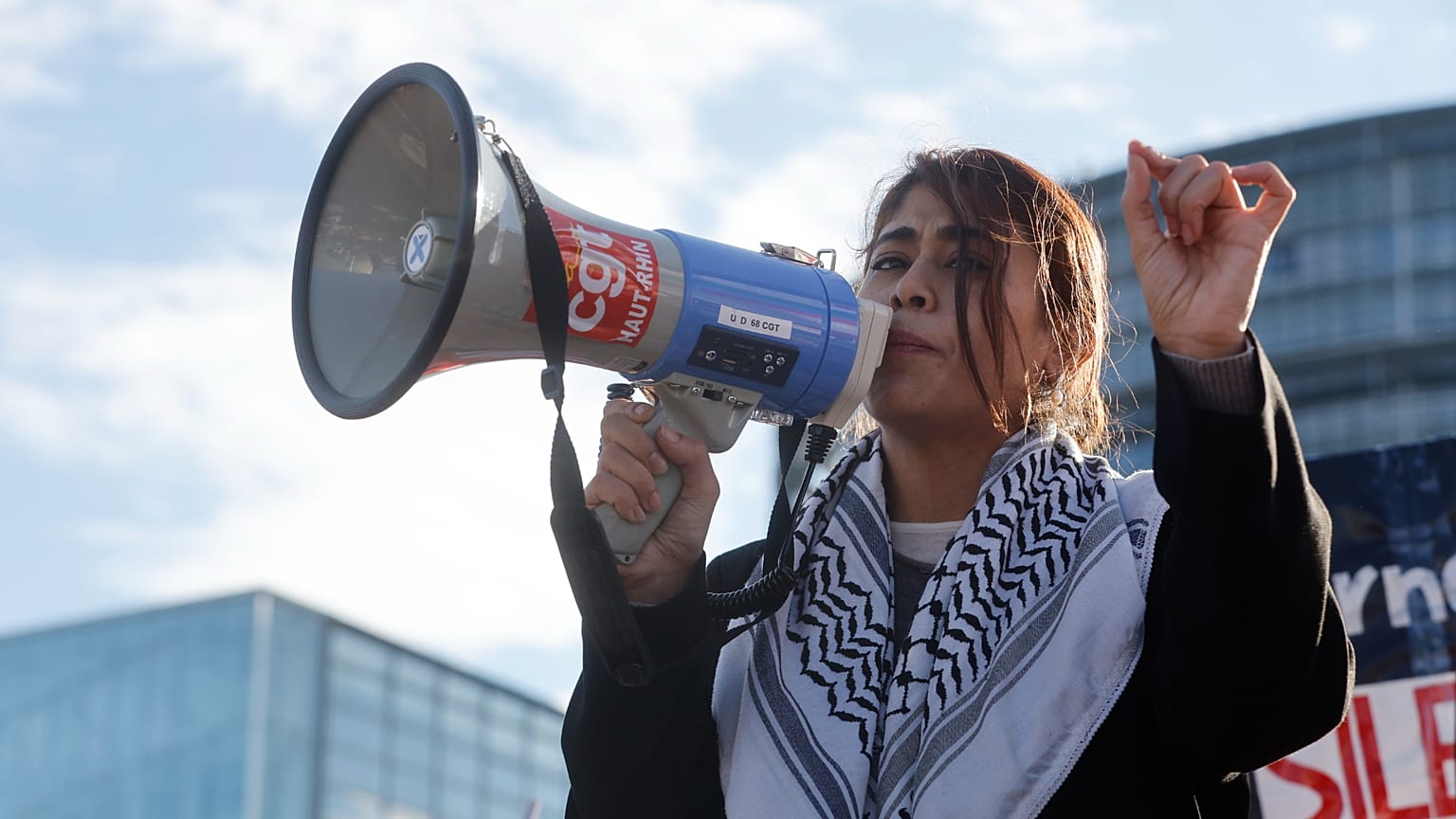 Member of European Parliament Rima Hassan speaks during a pro-Palestinian demonstration outside the European Parliament in Strasbourg, France