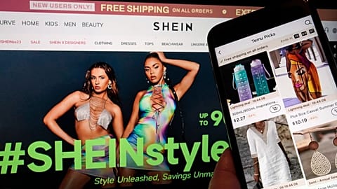 FILE - Pages from the Shein website, left, and from the Temu site, right, are shown in this photo, in New York, June 23, 2023