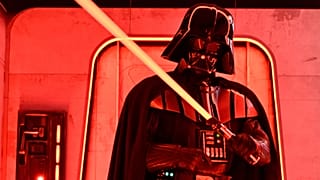 A Darth Vader costumed character poses at the Hasbro and Amazon Star Wars interactive Imperial March experience at the Empire State Building, New York. 21 March 2024.