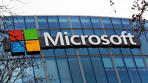The Microsoft logo is pictured outside the headquarters in Paris, on Jan. 8, 2021.
