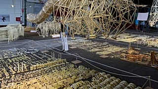 Произведения нидерландского художника Тео Янсена «Пляжные звери», создания на ветровой энергии, изготовленные из желтых пластиковых трубок, демонстрируются на выставке в Делфте, Нидерланды, в четверг, 5 июня 2025 года.