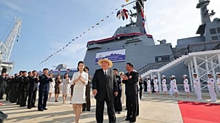 Kim Jong-un and his daughter attend a launch ceremony of a destroyer in Rason, North Korea, 12 June 2025.
