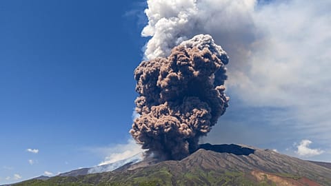 Smoke billows from Mount Etna volcano, Italy, 2June 2025. 