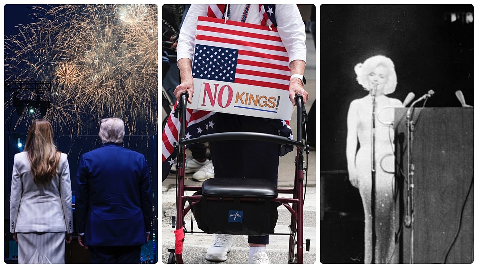 Melania és Donald Trump a tűzijátékban gyönyörködnek, Le a királyokkal!-tüntetés Chicagóban, Marilyn Monroe John Kennedyt üdvözli