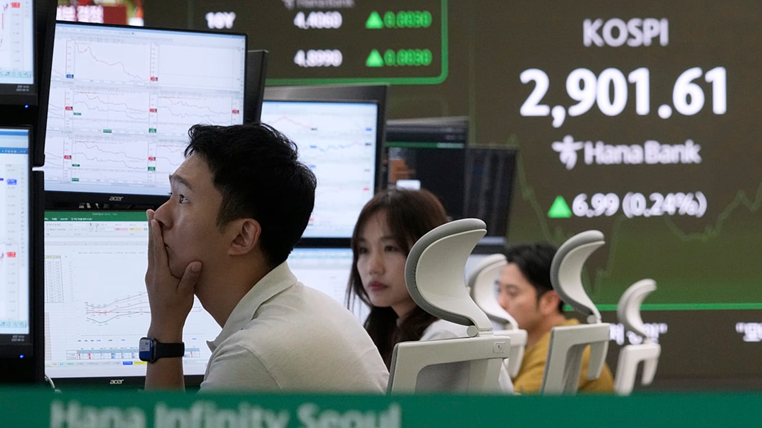 A currency trader watches monitors near a screen showing the Korea Composite Stock Price Index (KOSPI) .