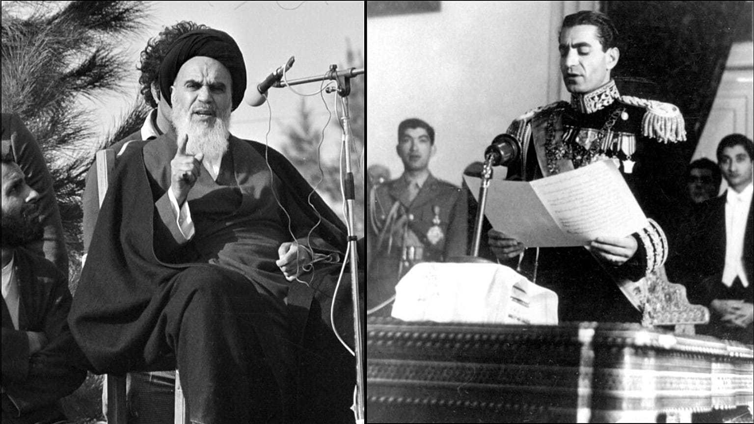 الشاه محمد رضا بهلوي، يميناً، والمرشد الأعلى للثورة الإسلامية روح الله الخميني، يسارًا.