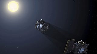 Esta imagen facilitada por la Agencia Espacial Europea muestra las dos naves espaciales de la misión Proba-3 alineándose para crear un eclipse con el fin de capturar un coronógrafo en el espacio.