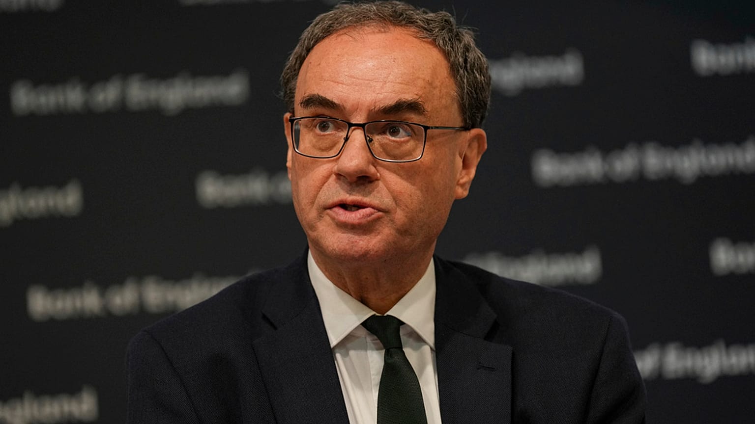 Bank of England Governor Andrew Bailey speaks, during the Monetary Policy Report press conference in London, Thursday, May 8, 2025. 