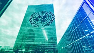FILE -The United Nations headquarters building is seen from inside the General Assembly hall, September 2021