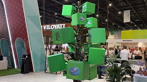 A “green tree” highlights eco-projects from across Uzbekistan at Eco Expo 2025.