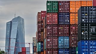 Containers are piled up at a cargo terminal near the European Central Bank in Frankfurt, Germany,