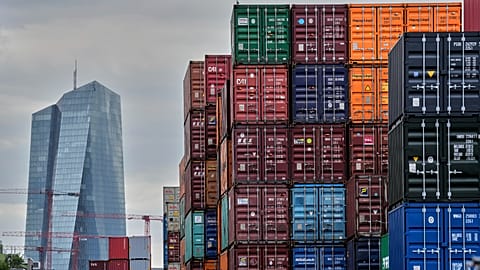 Containers are piled up at a cargo terminal near the European Central Bank in Frankfurt, Germany,