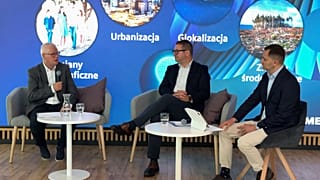 Profesor Jerzy Hausner, ekonomista i Maciej Zieliński, CEO Siemens sp. z o.o. na wydarzeniu "Globalne megatrendy i digitalizacja – polska perspektywa", Warszawa, 24.06.2025 r.