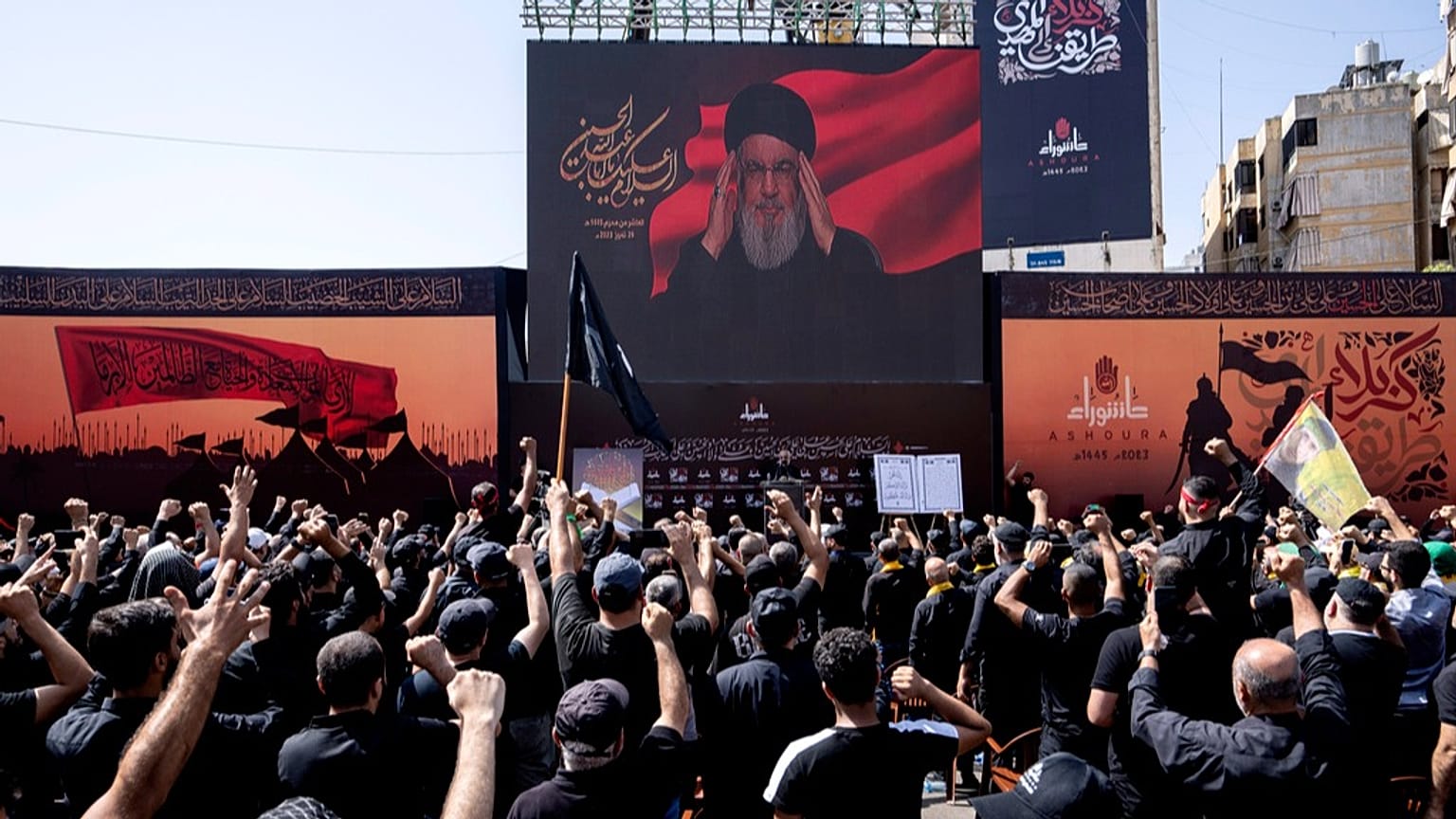 الأمين العام السابق لحزب اللهحسن نصرالله يُلقي كلمة عبر الفيديو خلال إحياء مراسم عاشوراء في الضاحية الجنوبية لبيروت، السبت 29 يوليو 2023.