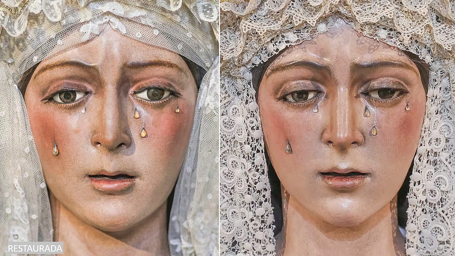 A Virgem de La Macarena depois do seu restauro (à esquerda) e antes do seu restauro (à direita). 