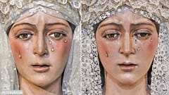 La virgen de La Macarena después de su restauración (izquierda) y antes de su restauración (derecha) 