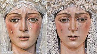 La virgen de La Macarena después de su restauración (izquierda) y antes de su restauración (derecha)
