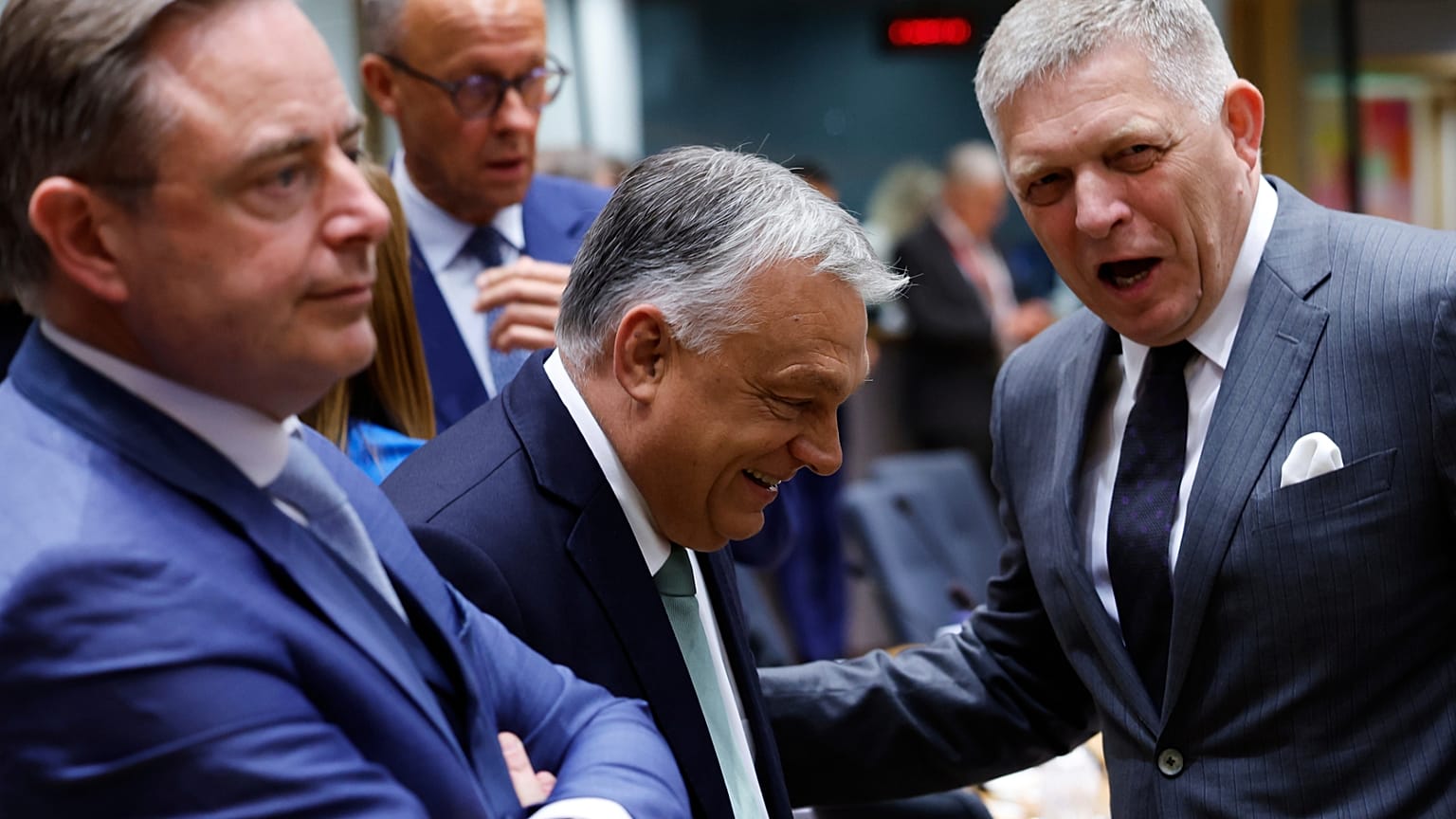 Belgium's Prime Minister Bart De Wever, Germany's Chancellor Friedrich Merz, Hungary's Prime Minister Viktor Orban and Slovakia's Prime Minister Robert Fico 