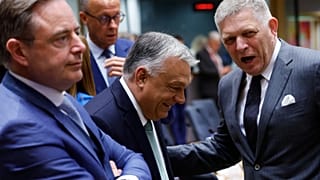 Belgium's Prime Minister Bart De Wever, Germany's Chancellor Friedrich Merz, Hungary's Prime Minister Viktor Orban and Slovakia's Prime Minister Robert Fico 