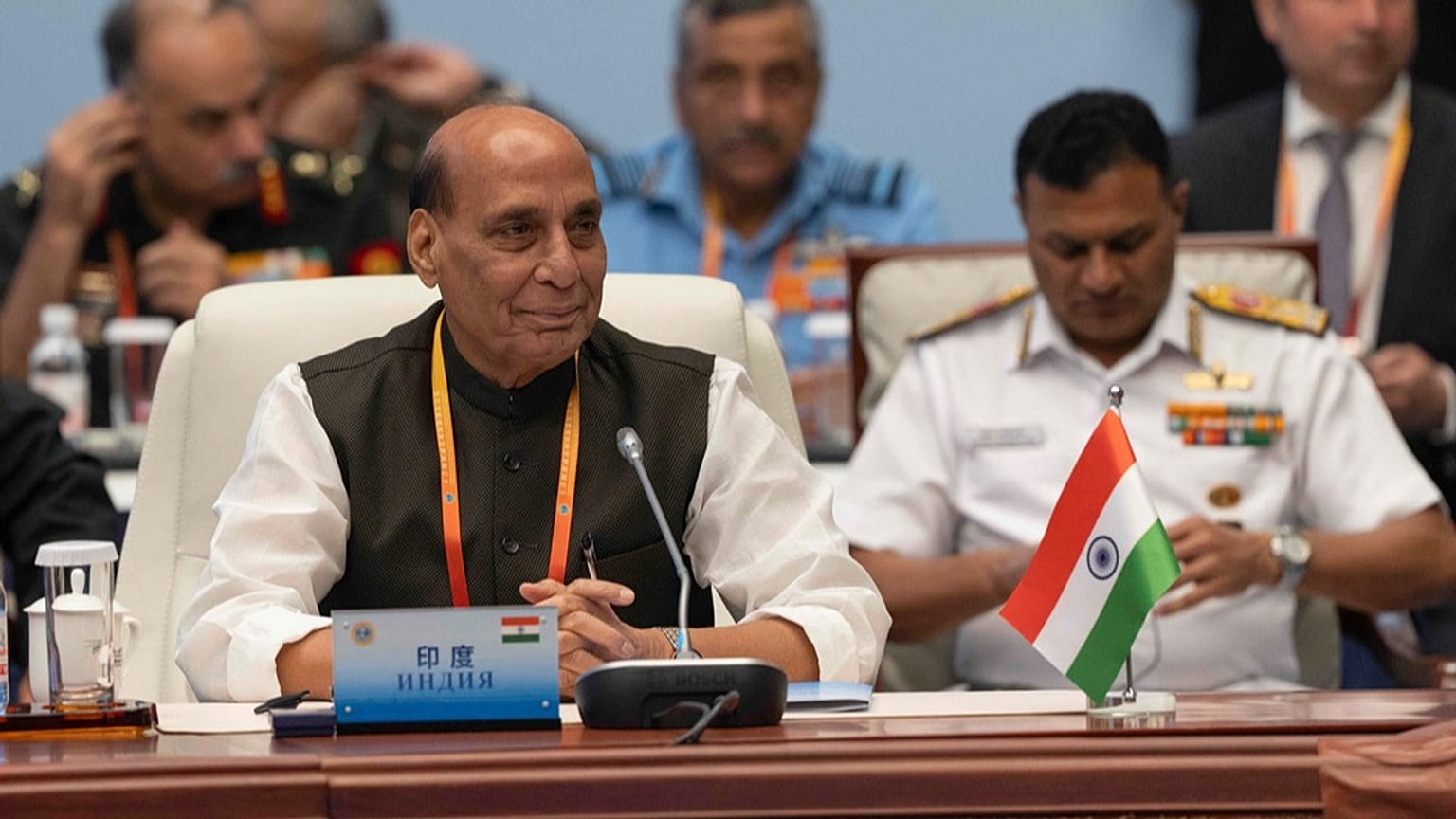 India's Defence Minister Rajnath Singh attends the Defence Ministers' Meeting of the Shanghai Cooperation Organization Members States in Qingdao on Thursday, June 26, 2025. 