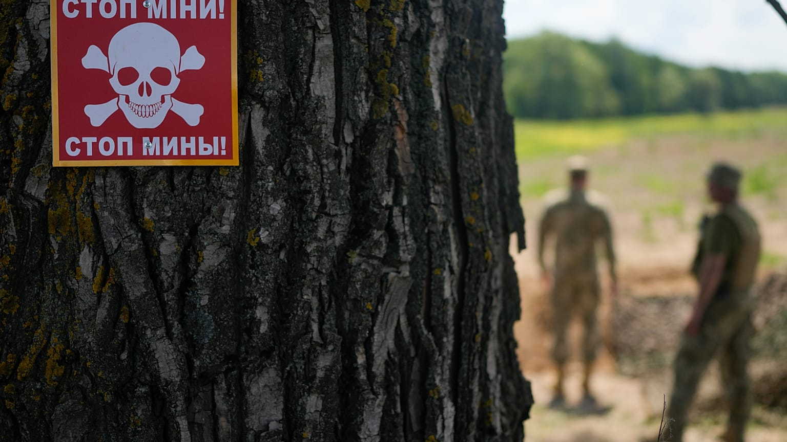 Ostrzeżenie o minach lądowych na obrzeżach Kijowa na Ukrainie. 