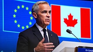 Canadian Prime Minister Mark Carney takes part in a press conference during the Canada EU Summit in Brussels, Monday, June 23, 2025.