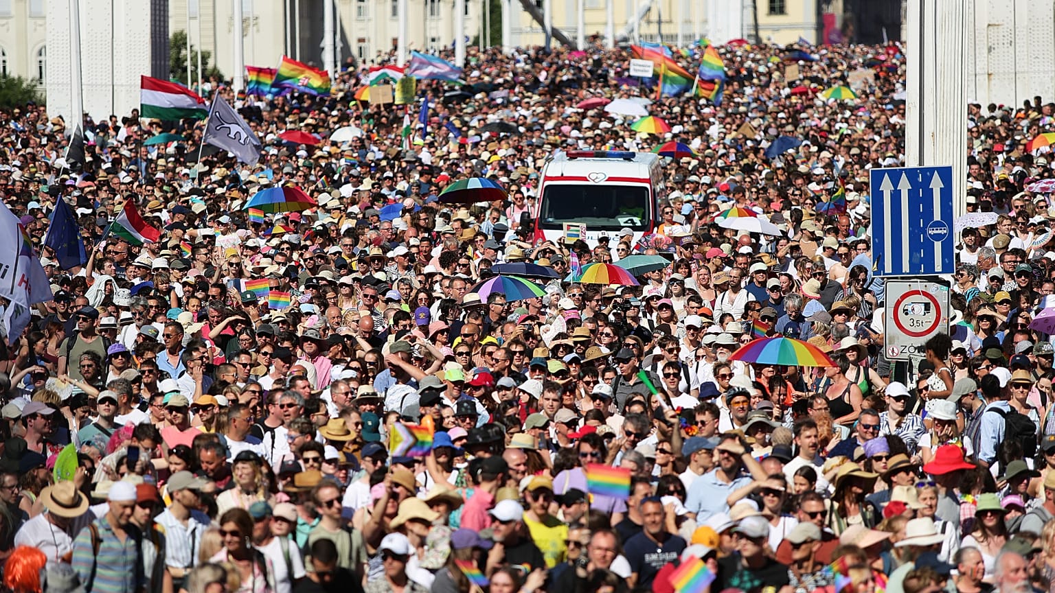 Participants in the Pride march cross the Elisabeth Bridge in Budapest, 28 June, 2025