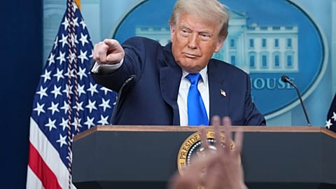 President Donald Trump points to a reporter to take a question as he speaks to the media, Friday, June 27, 2025, in the briefing room of the White House in Washington