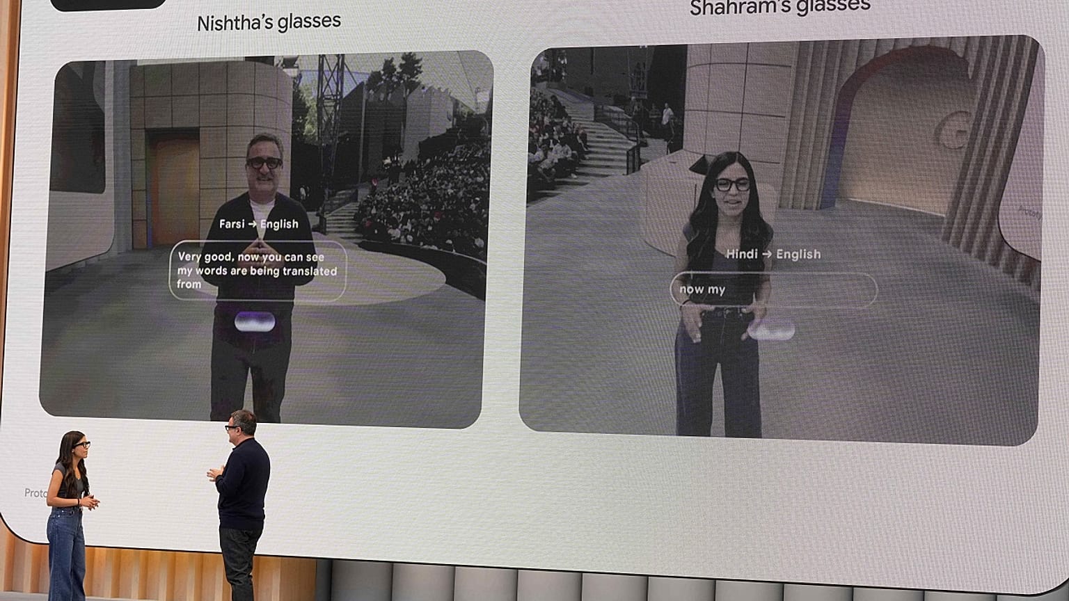 A Google AI glasses demonstration at a Google I/O event in Mountain View.