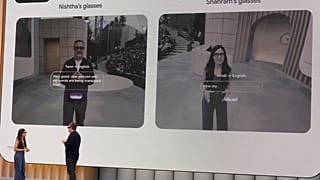 A Google AI glasses demonstration at a Google I/O event in Mountain View.