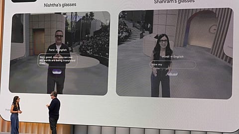 A Google AI glasses demonstration at a Google I/O event in Mountain View.